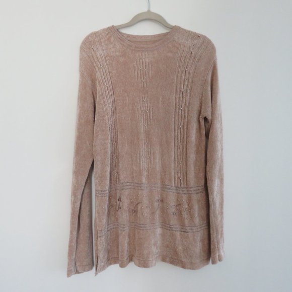 VINTAGE 90s Chenille Beige Tan Embroidered Cable Knit Crew Neck Tunic Sweater - Picture 2 of 15